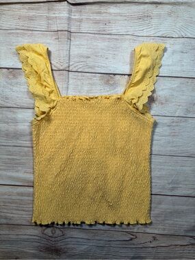 Butter‎ Yellow Smocked Ruffle Flutter Sleeve with Eyelets Boho Tank Top - Women